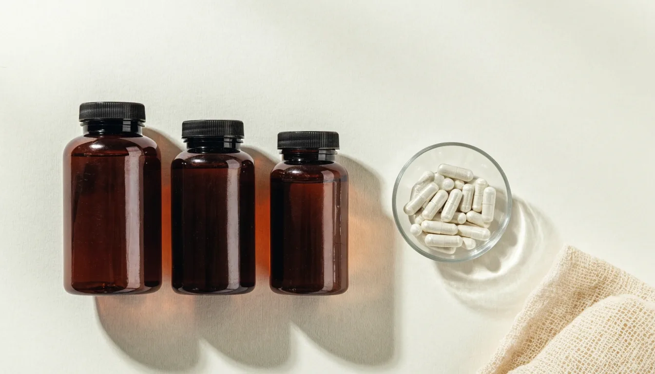 Three unbranded amber bottles in a row on pale board stock beside a dish of capsules and a folded cloth