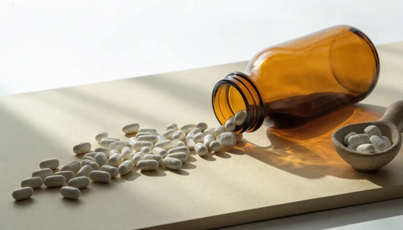 Unbranded capsules spilling across pale board stock beside an open amber bottle under morning window light
