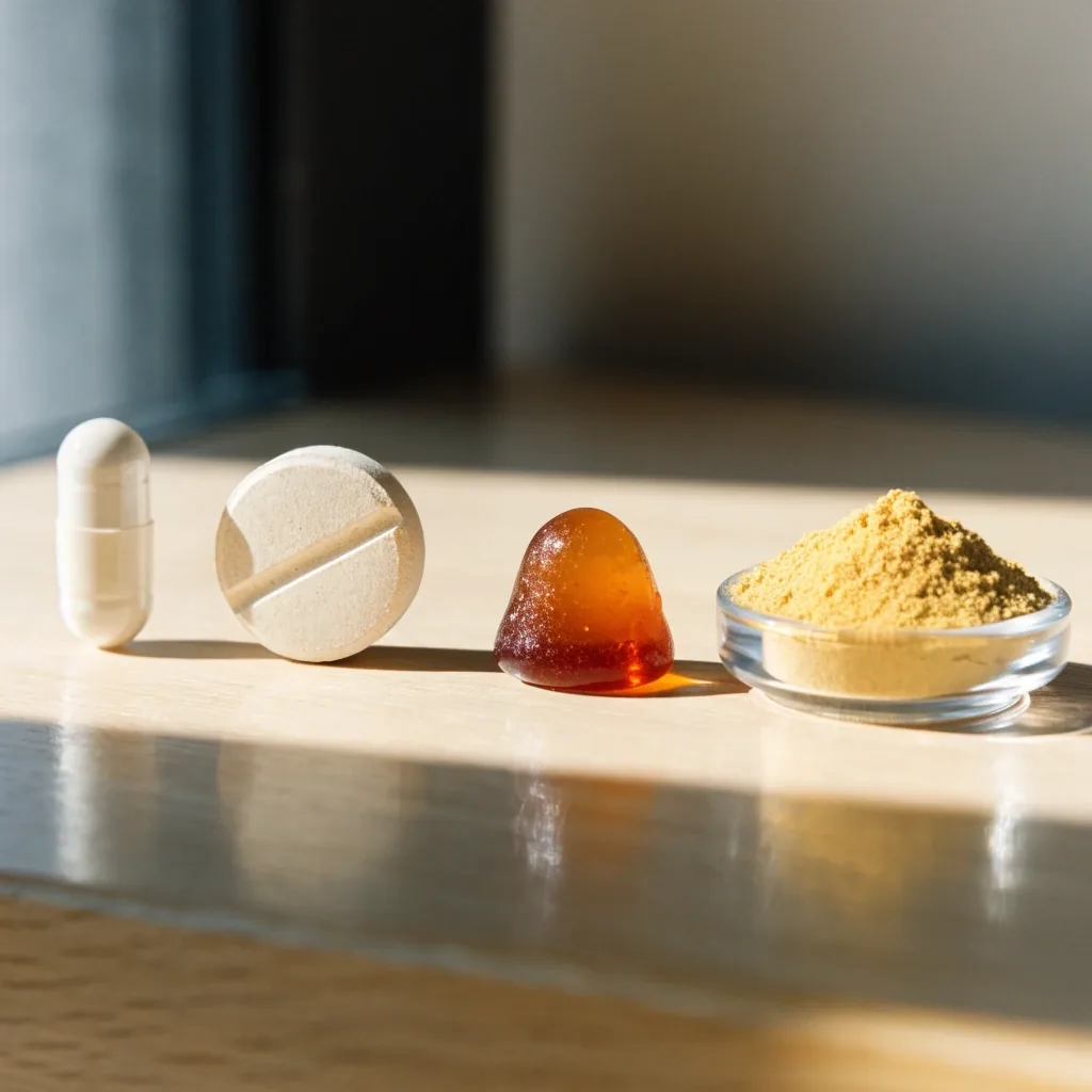 A row of unlabelled capsule, tablet, gummy and powder formats spaced evenly on a pale board