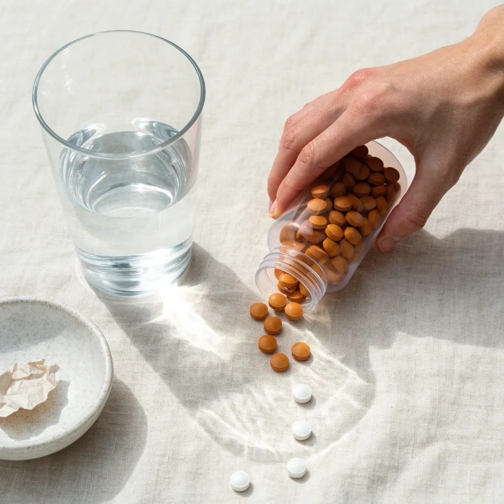 An unlabelled bottle, glass of water and loose tablets on a pale worktable in flat daylight