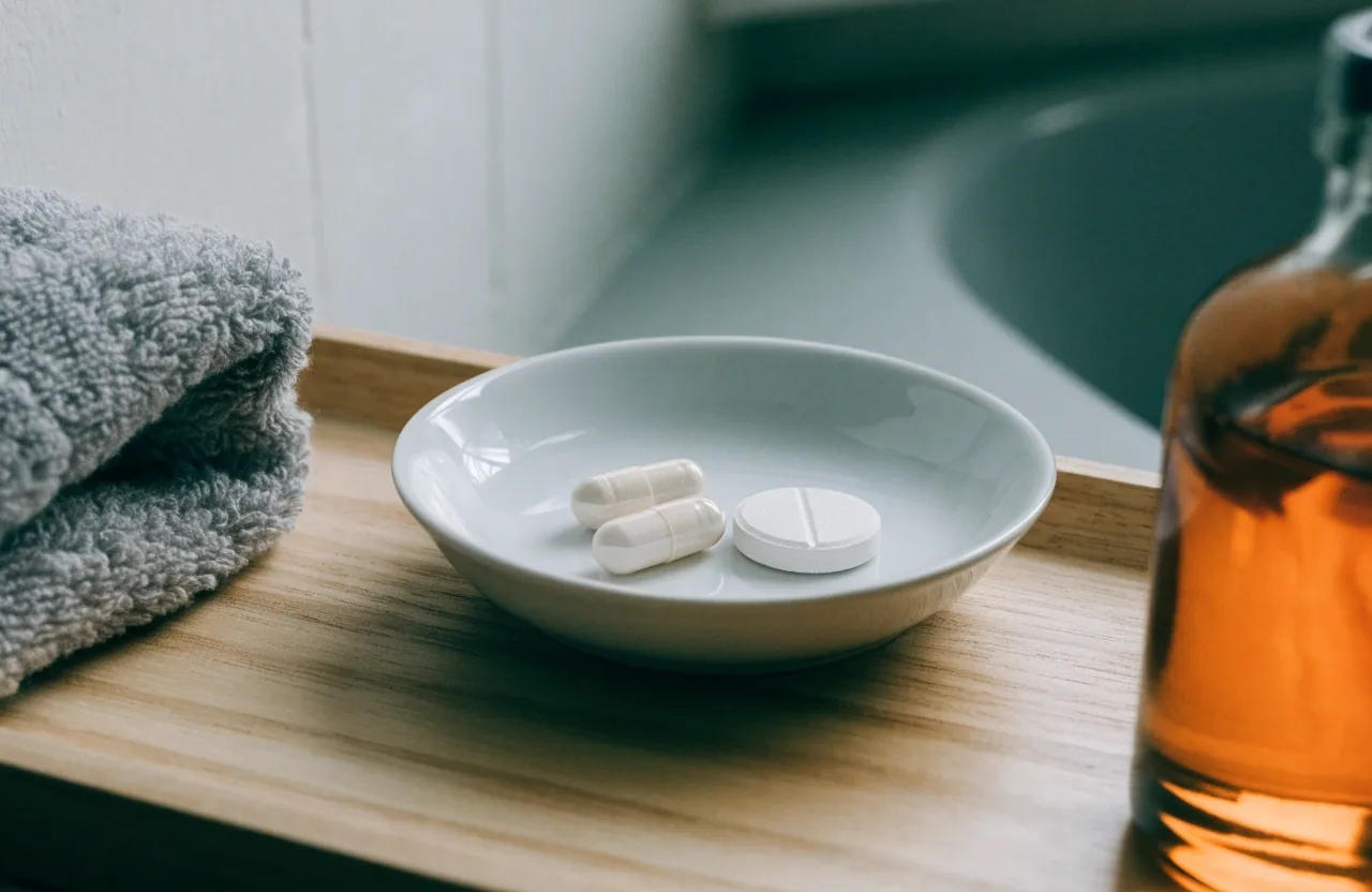 An opened unlabelled bottle, a glass of water and two capsules on a kitchen counter in morning light