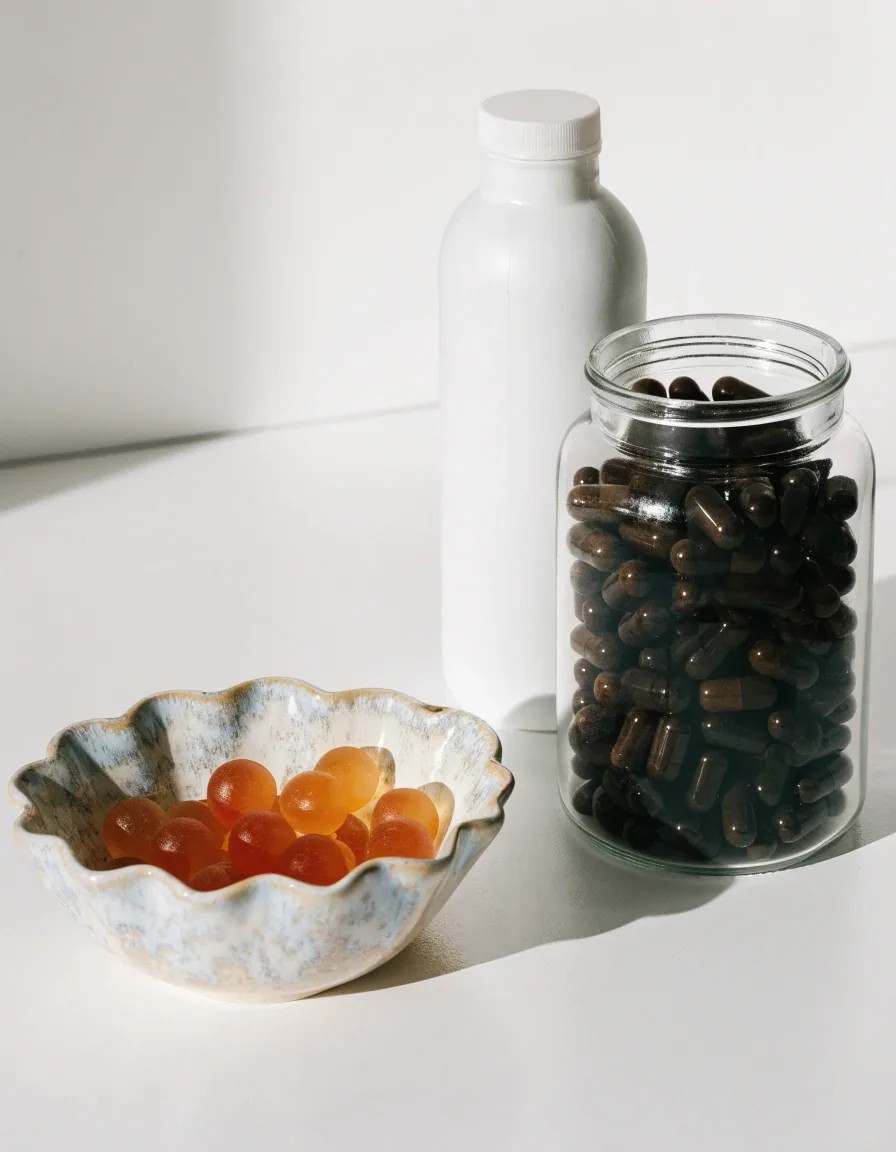 Three unlabelled supplement containers arranged on white board stock in even daylight