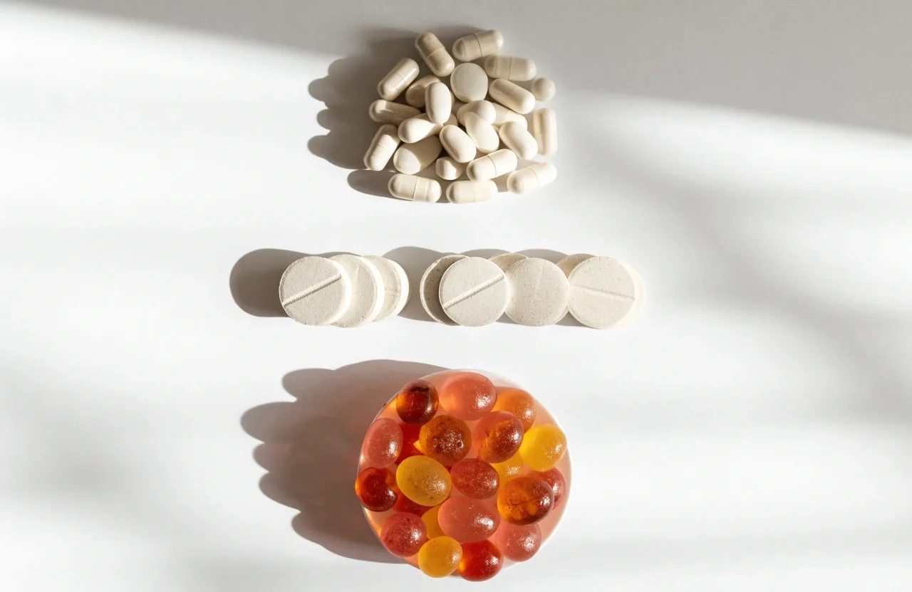 Plain capsules, tablets and gummies arranged in three equal rows on white board stock