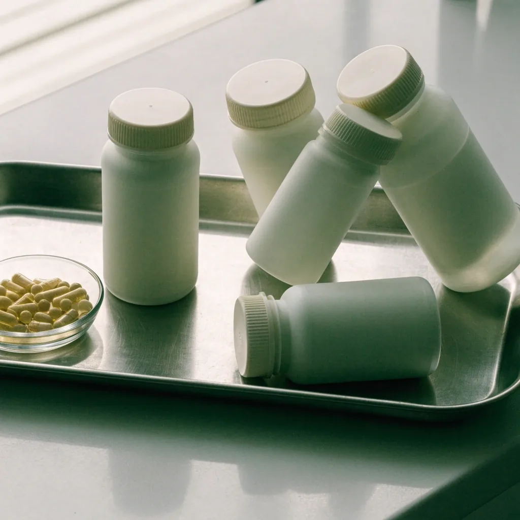 A row of plain unbranded supplement containers on a shelf under even daylight