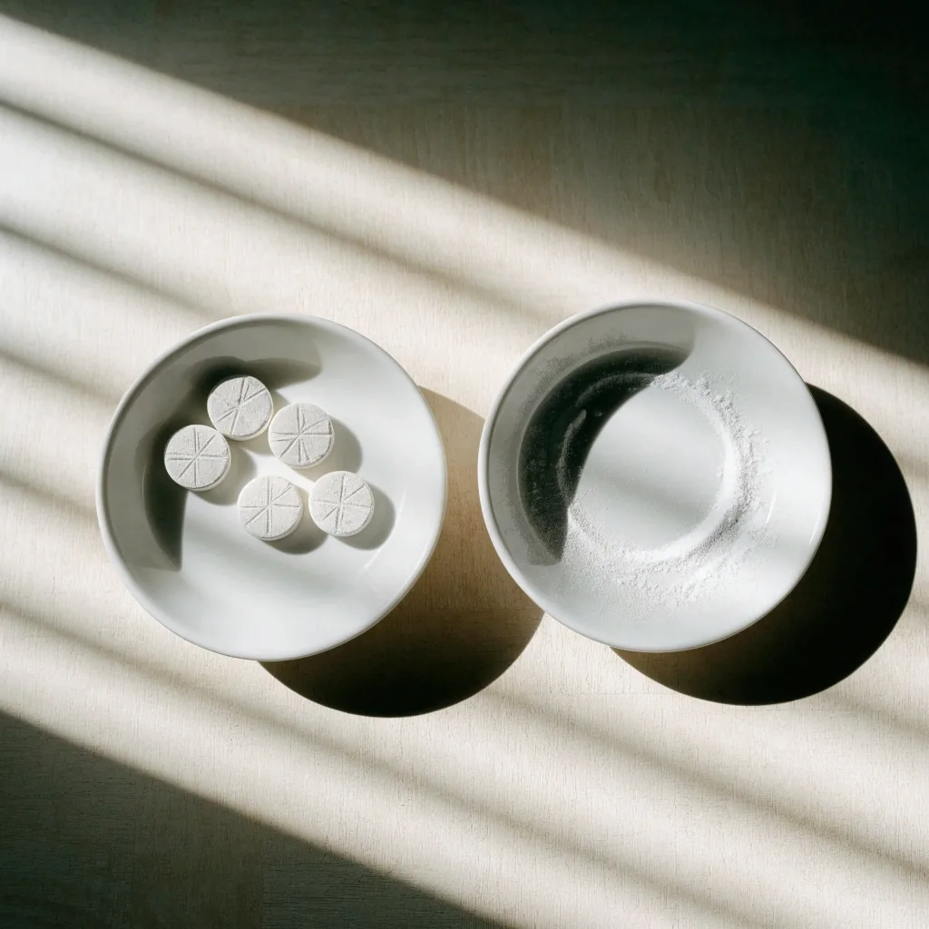 Two shallow white dishes on board stock, one holding scored tablets, the other empty, in raking window light